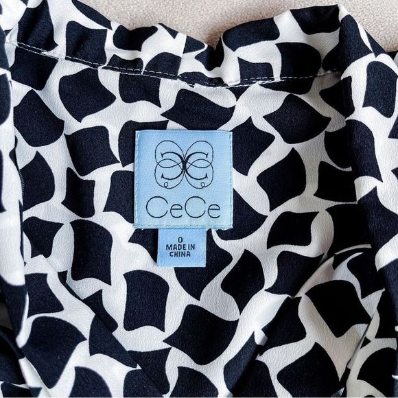 Cece 0 Black White Floating Rhombus Bow Tie Neck Ruffle Back Sleeveless Dress - Picture 14 of 15